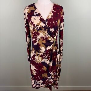 Calvin Klein Faux Floral Wrap Dress w/ Ruched waist in Burgundy and Cream sz 12P